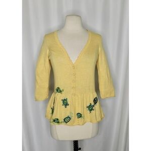 Anthropologie MOTH Embroidered Turtle Cardigan Sweater Yellow Peplum Small